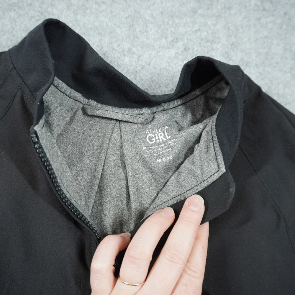 Athleta Girl Size Med Black Full Zip Cropped Bomber Jacket Pleated Back Active